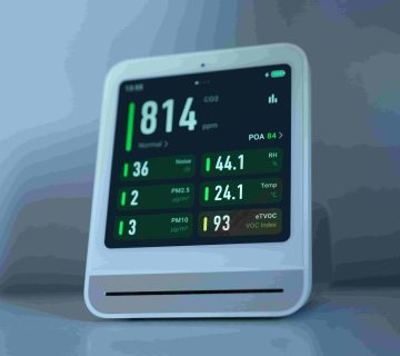 A digital air quality monitor displays real time CO2 at 814 ppm, noise, humidity, temperature, PM2 5, PM10, and TVOC readings on its clear screen 