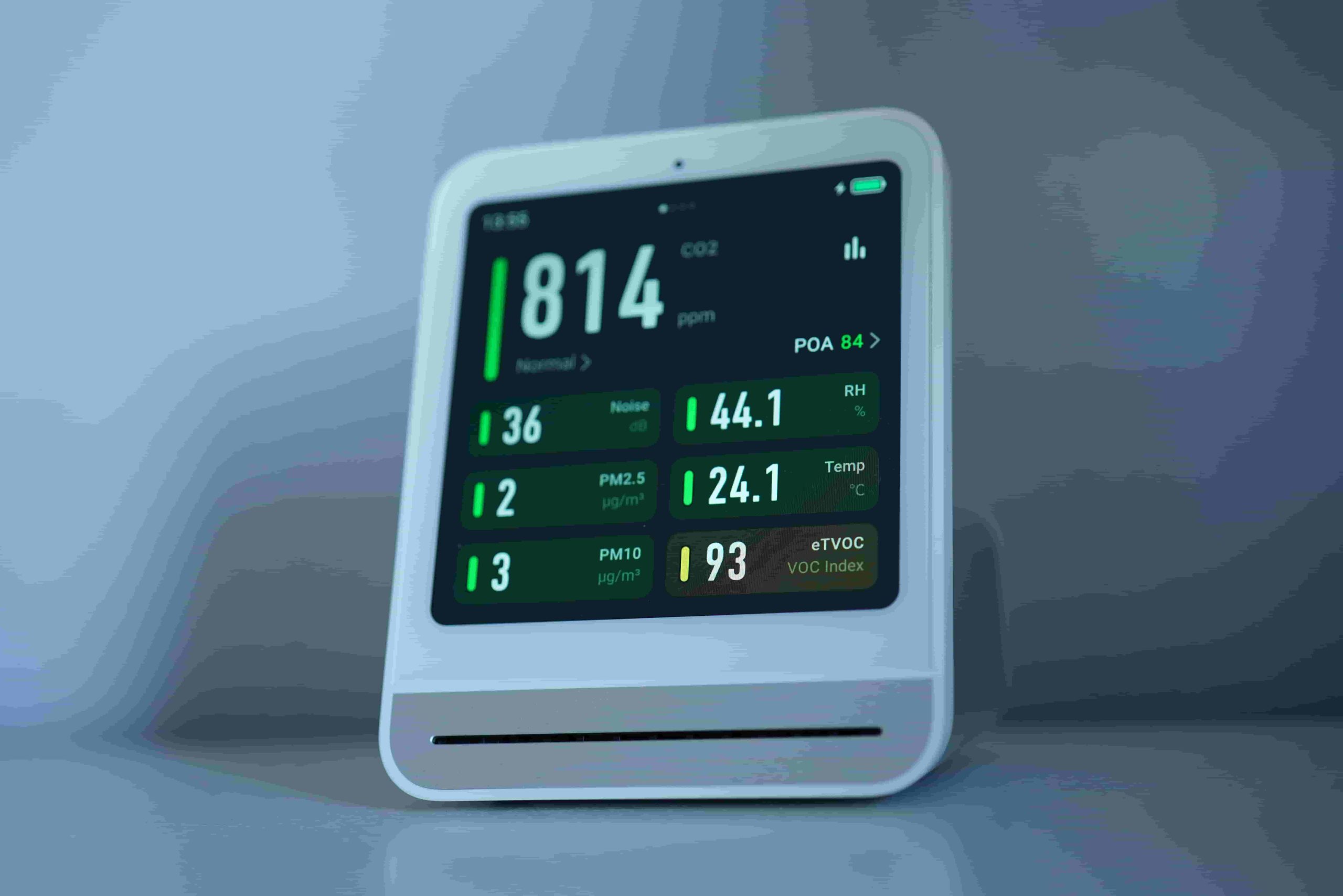 A digital air quality monitor displays real time CO2 at 814 ppm, noise, humidity, temperature, PM2 5, PM10, and TVOC readings on its clear screen 